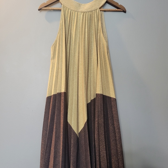 Free People Gold/Bronze Metallic Pleated Love Mini Dress Cocktail Part Size S - Picture 5 of 5